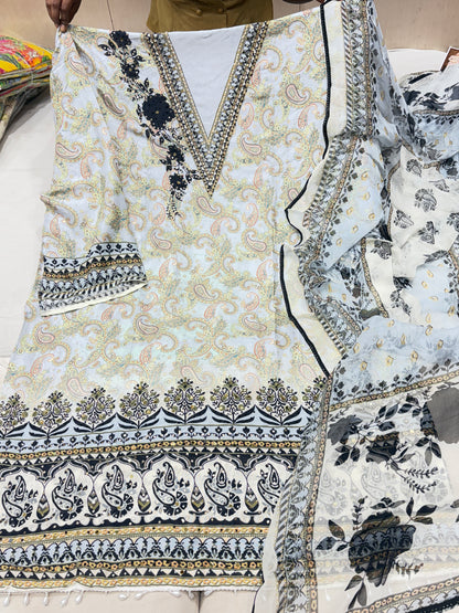 Charming white black Unstitched suit ( free size )