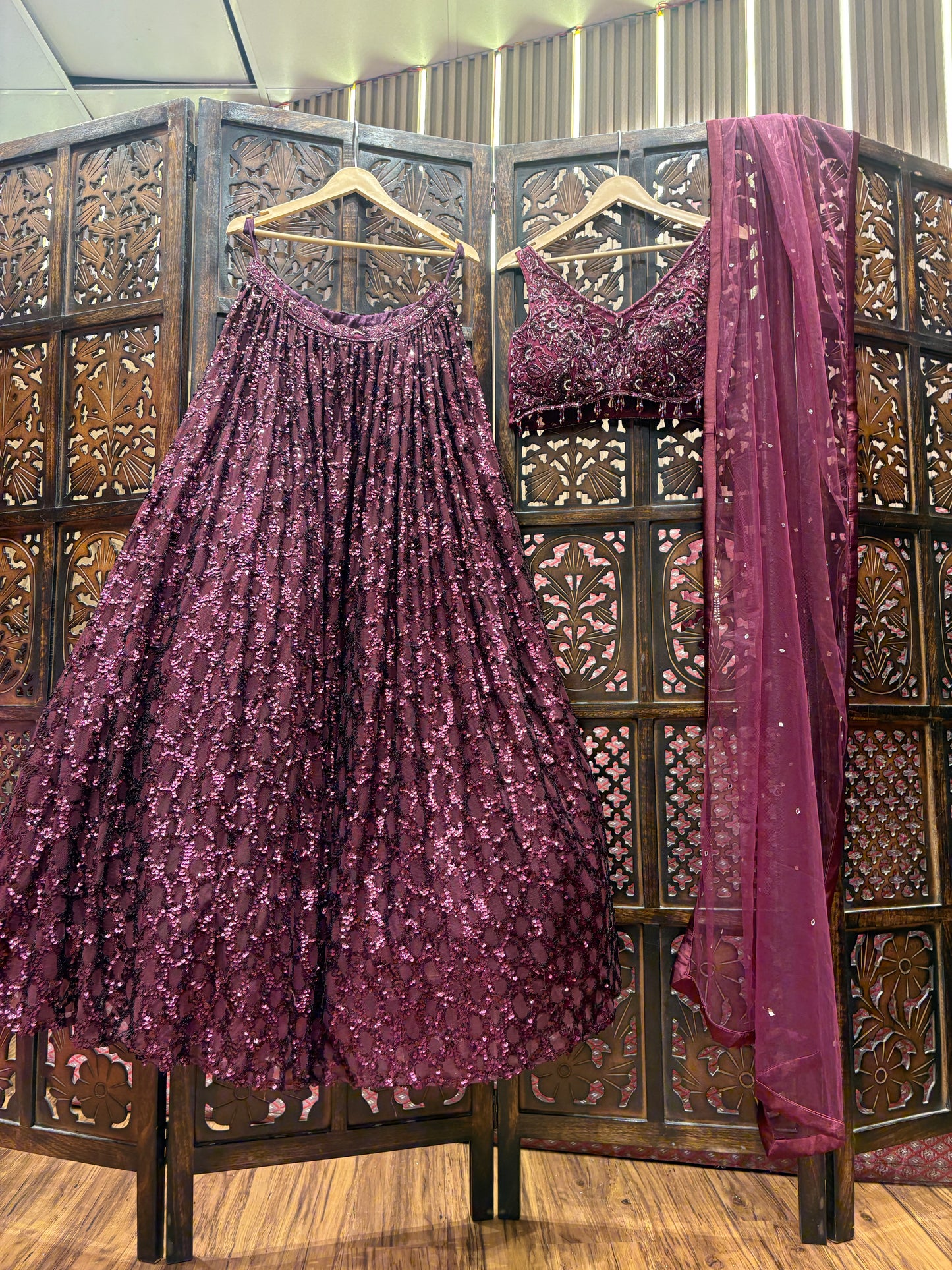 Embellished wine purple violet crop top Lehenga