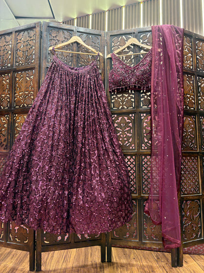 Embellished wine purple violet crop top Lehenga