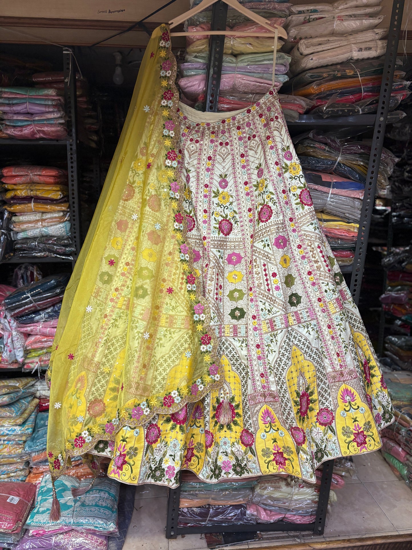 Lovely yellow White Crop Top Lehenga