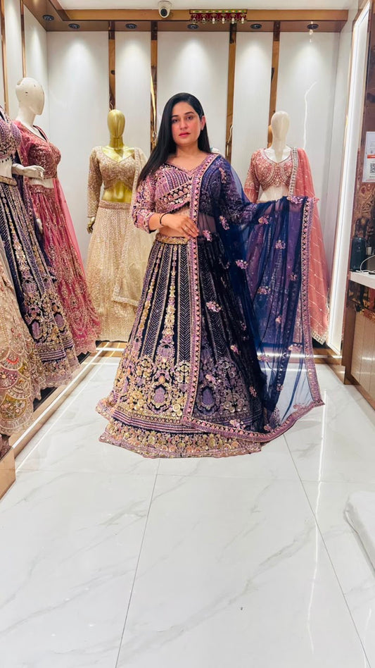 Navy blue beads Crop Top Lehenga