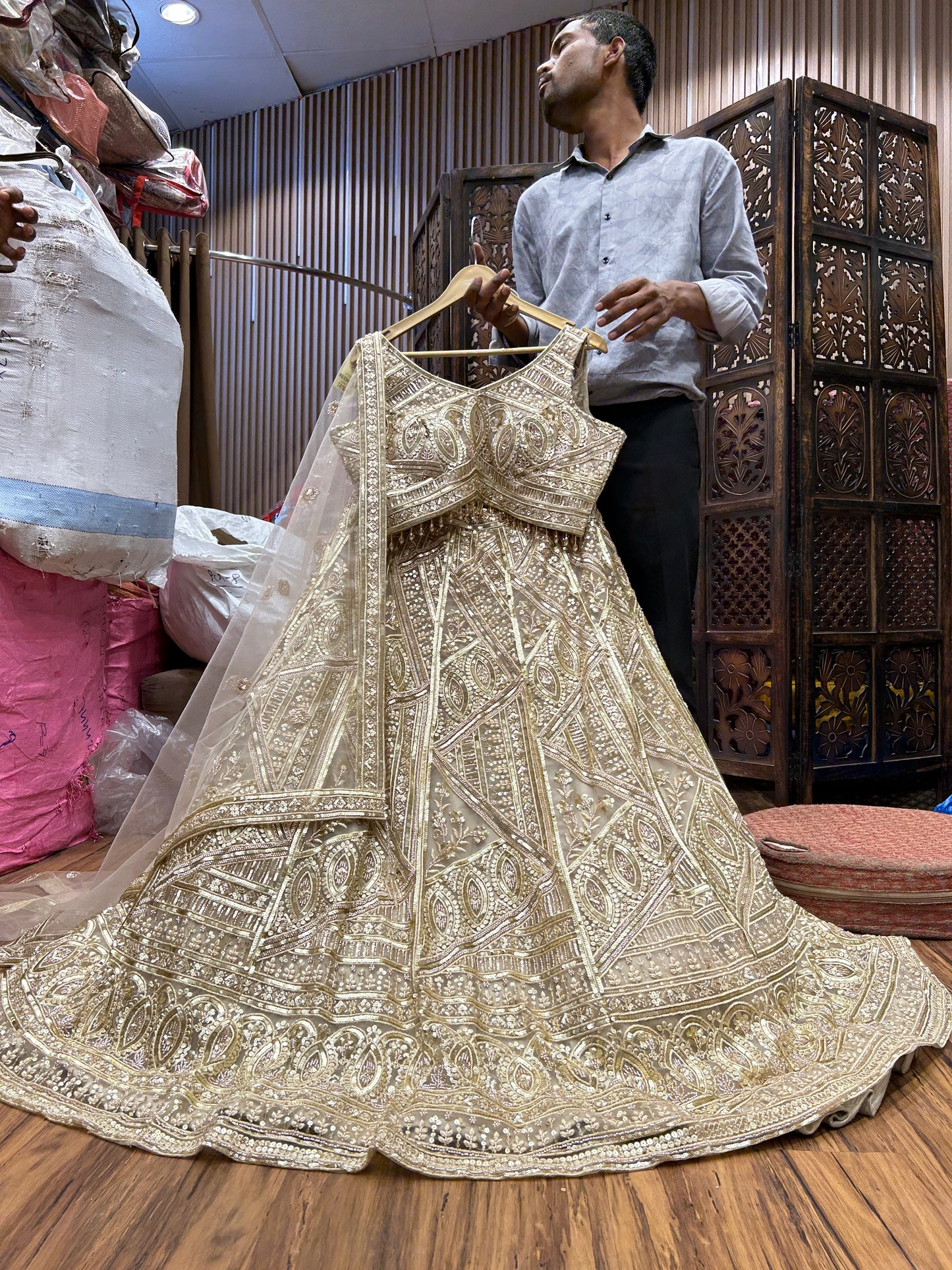Pleasing golden crop top lehenga