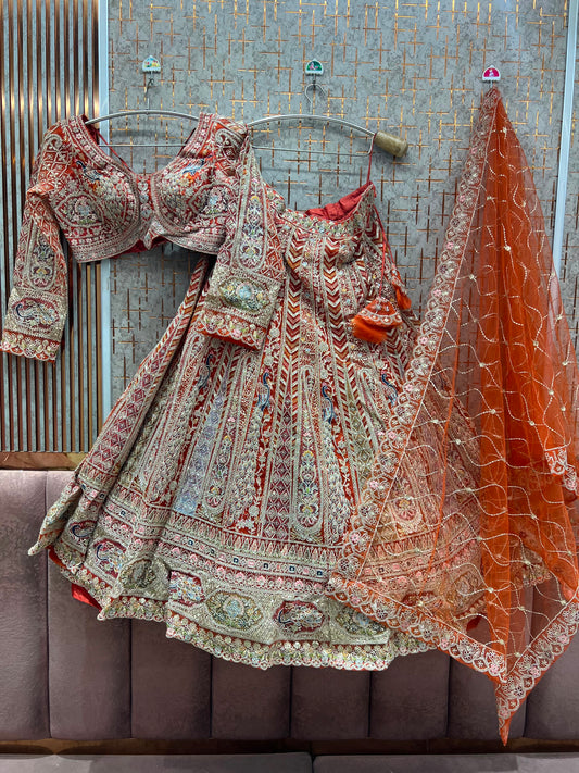 Rust Orange Peacock Crop Top Lehenga