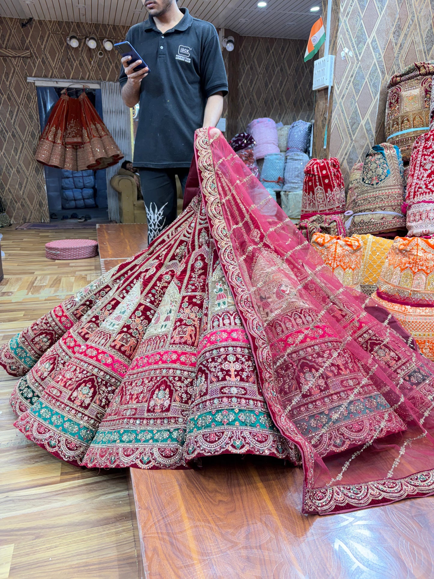 Doli Barat figure pattern maroon Ball Bridal Lehenga