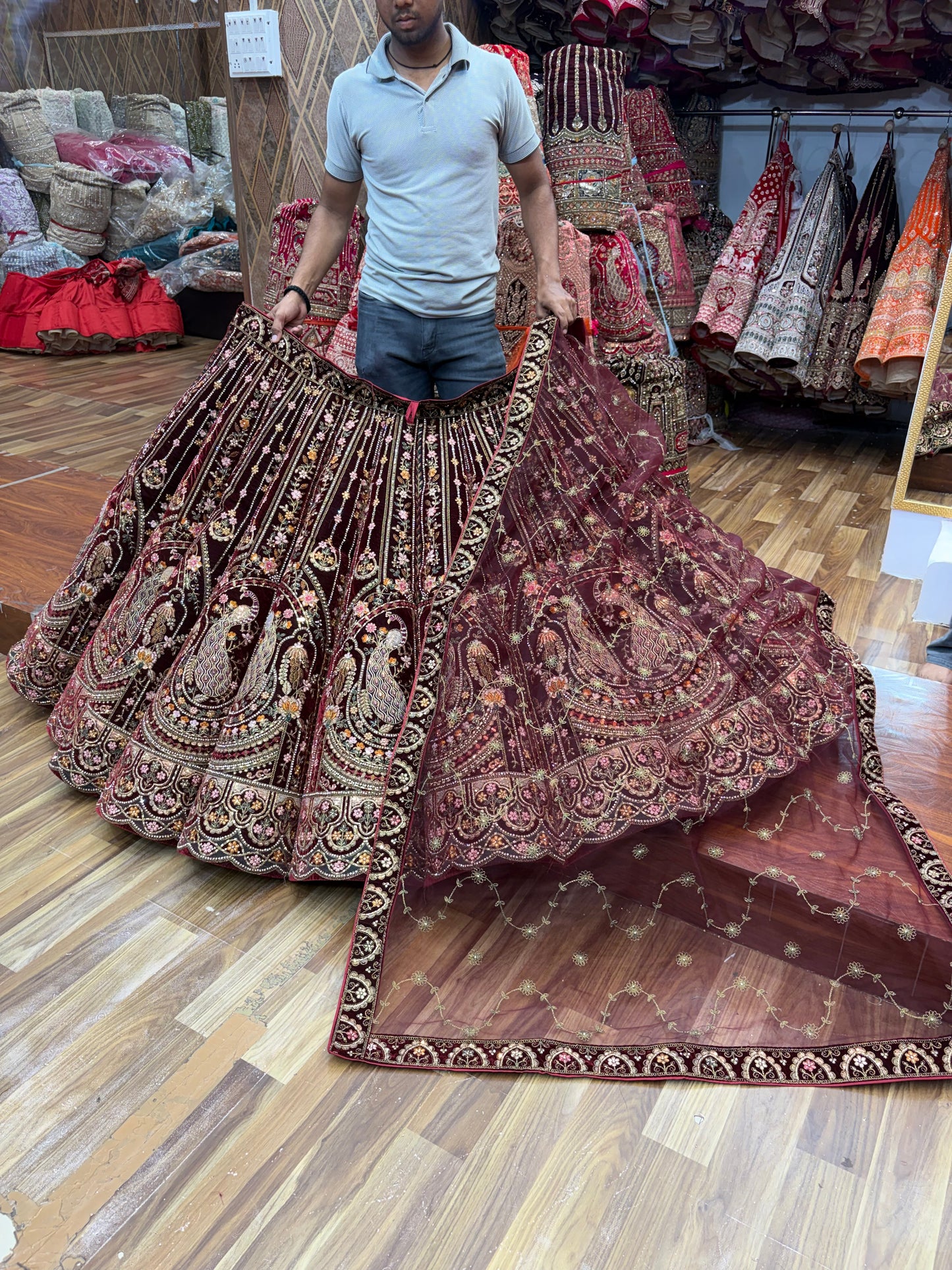 Dark Maroon Peacock Designer ball Bridal Lehenga