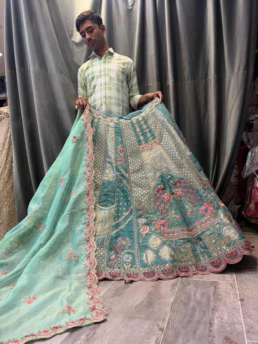 Green double shade peacock Lehenga