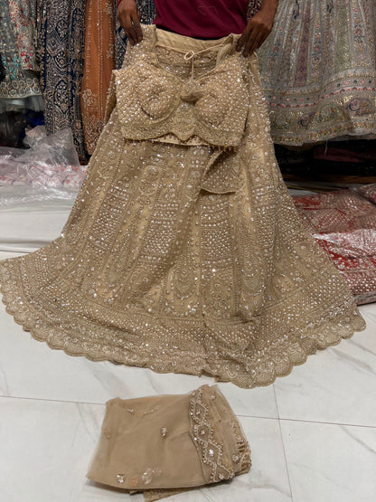 Beige Golden Crop Top Lehenga