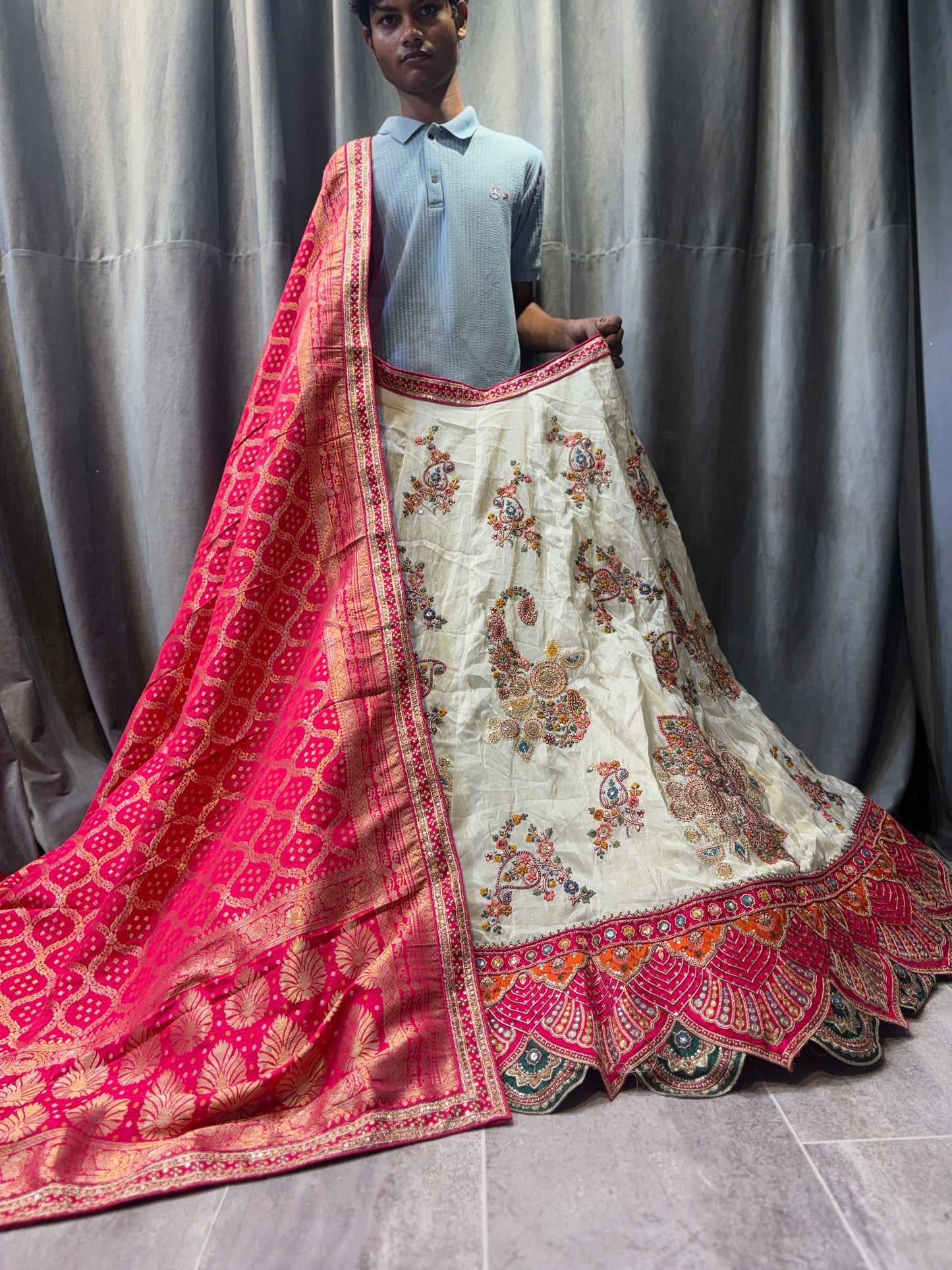 Stunning White pink peacock Banarasi Crop Top Lehenga