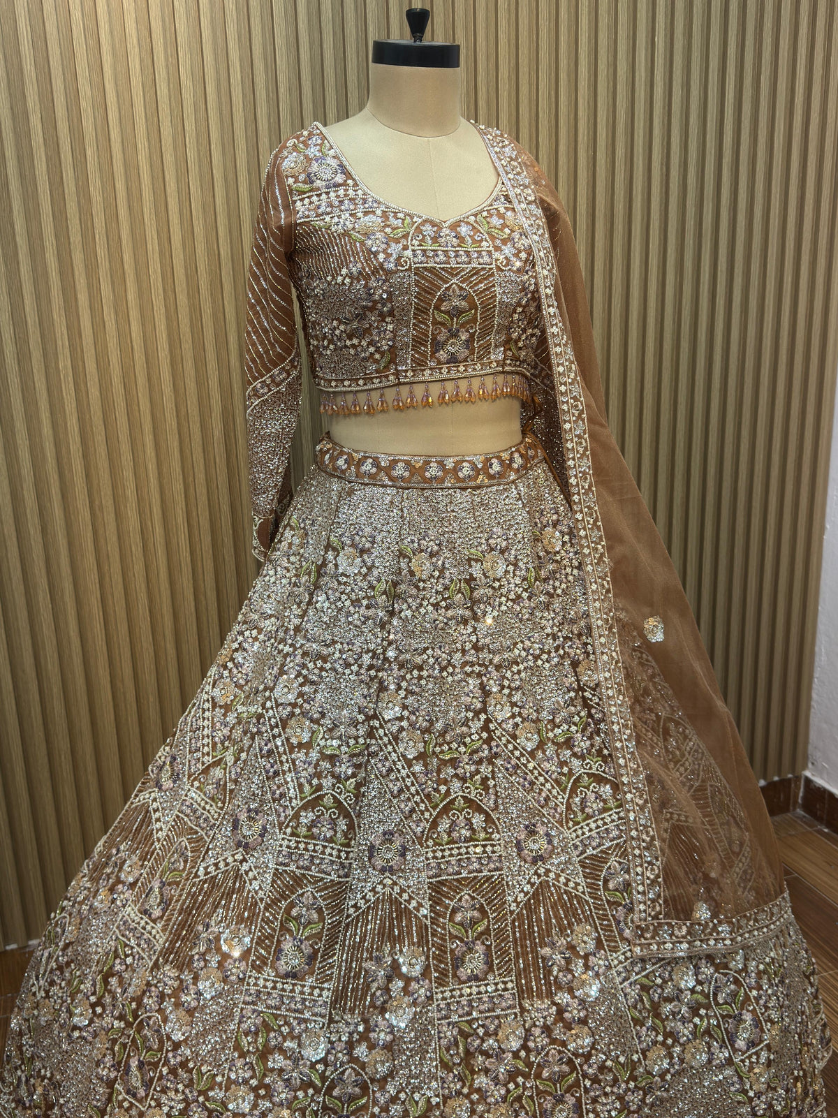 Golden brown mustard lavender Crop top Lehenga