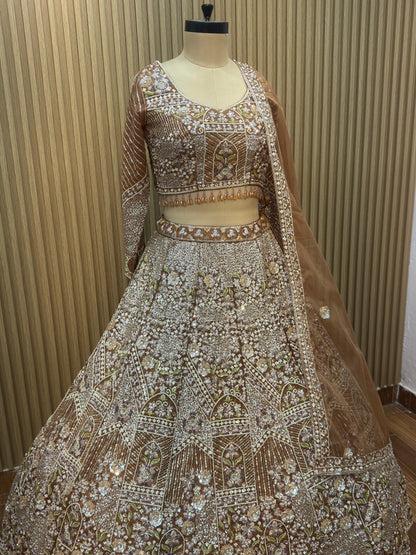 Golden brown mustard lavender Crop top Lehenga