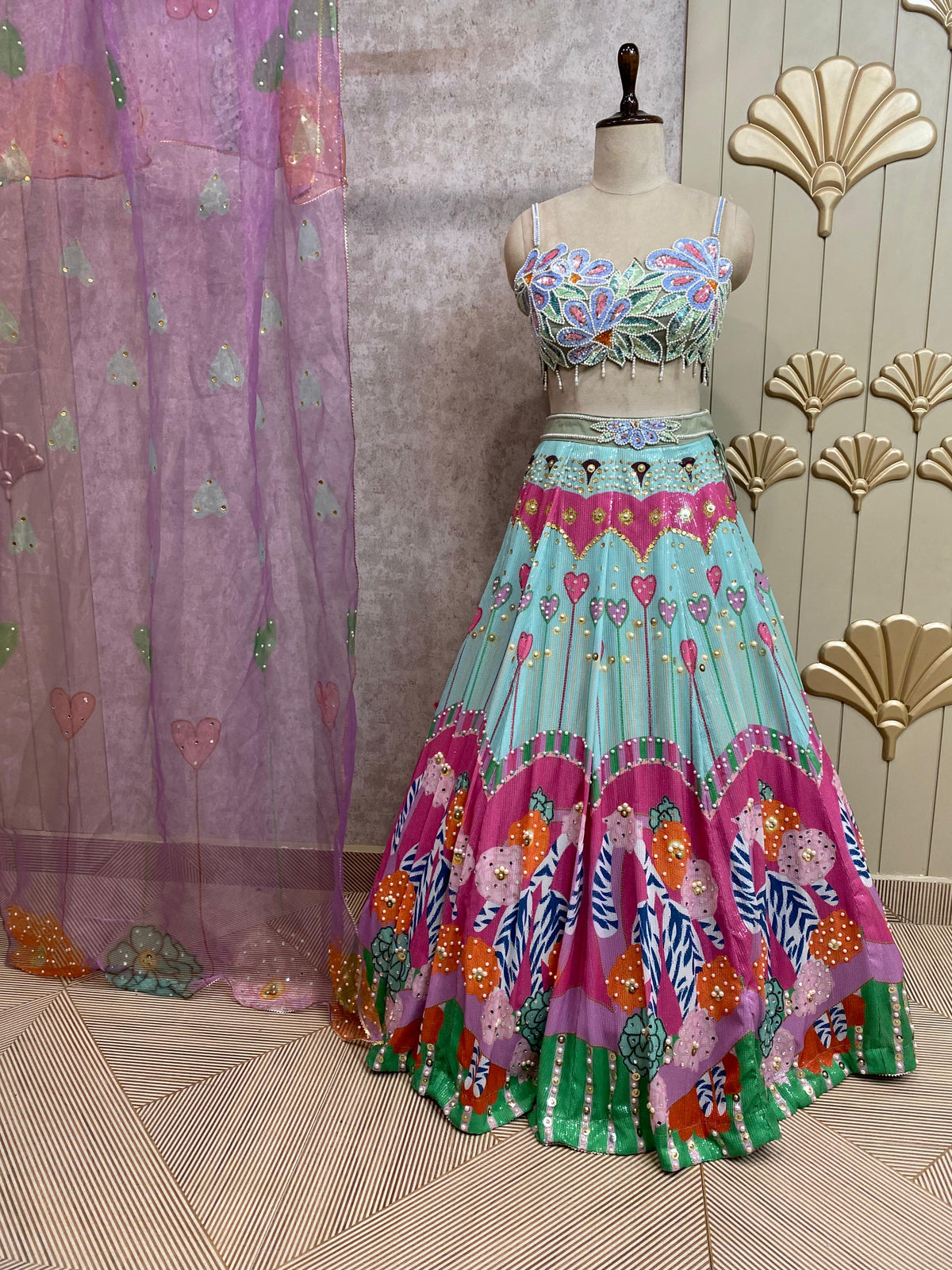 Blue pink crop top lehenga