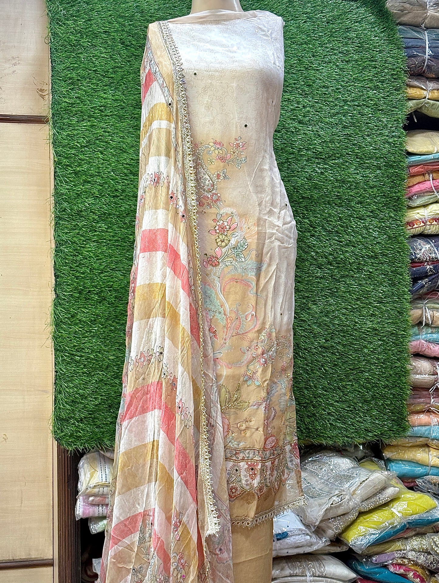Good looking golden white unstitched salwar suit dress material(free size)