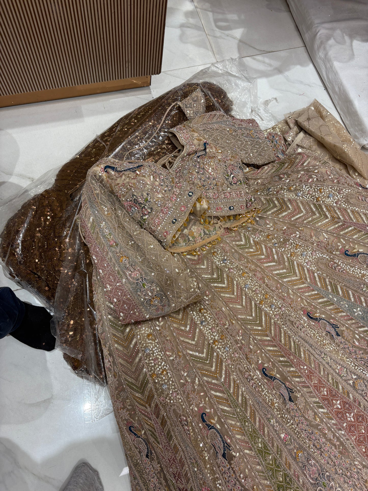 Glamorous Beige golden peacock Crop top Lehenga