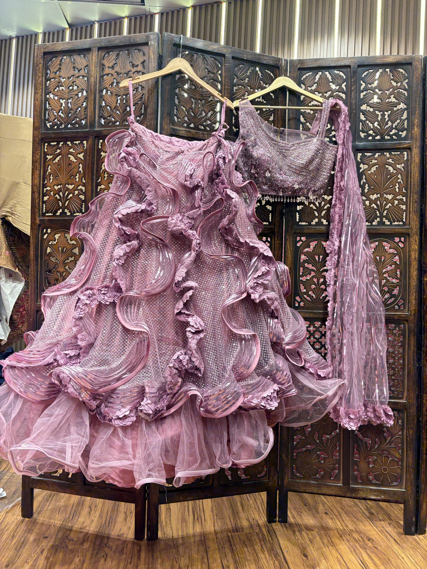 Embellished pink Frill crop top Lehenga