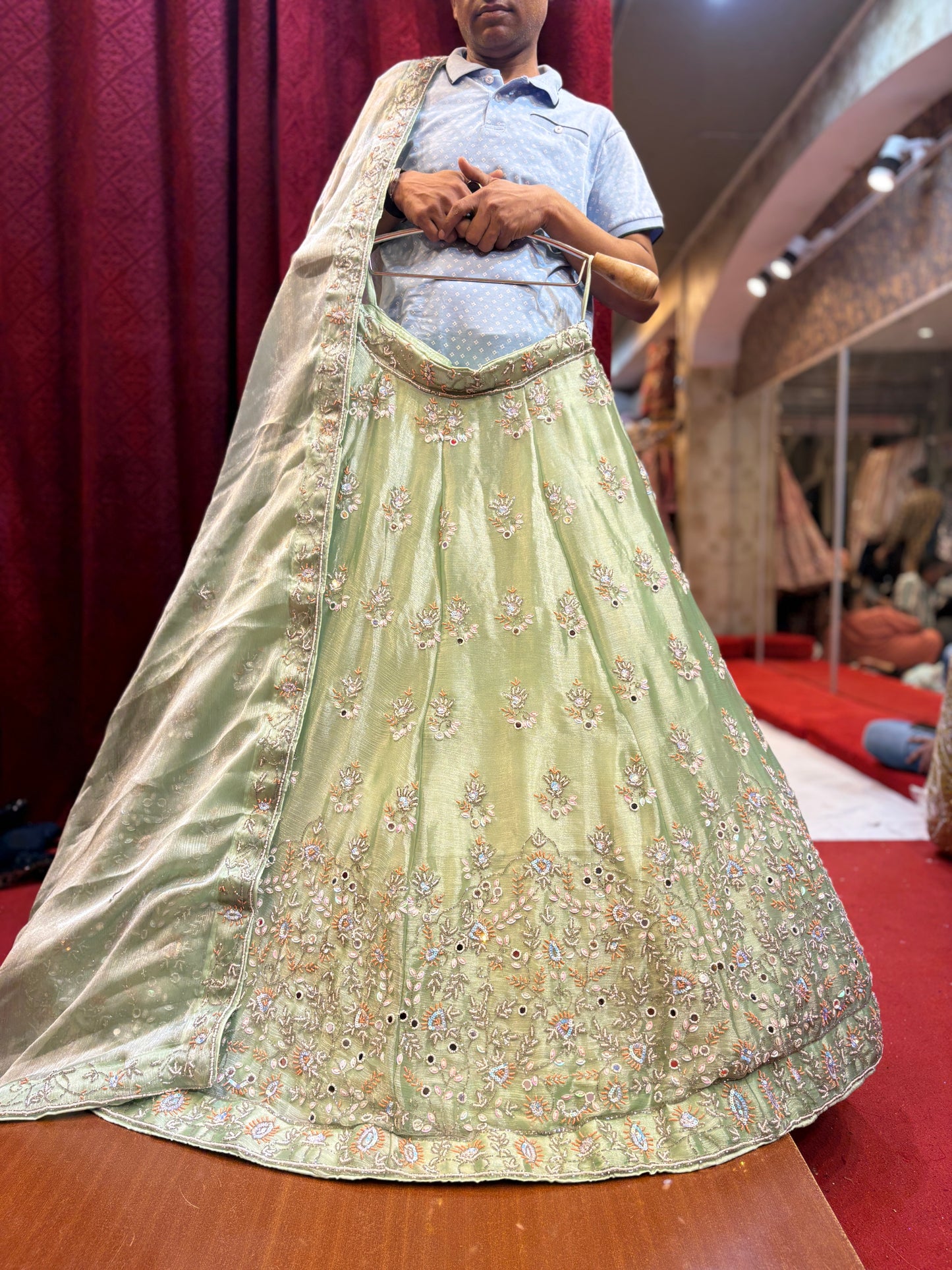 Astonishing pista mehendi green handwork Lehenga