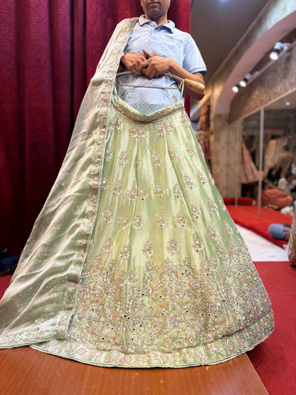 Astonishing pista mehendi green handwork Lehenga