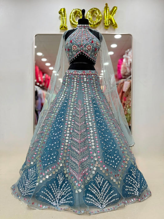 Silver Grey Blue Pdp Crop Top Lehenga