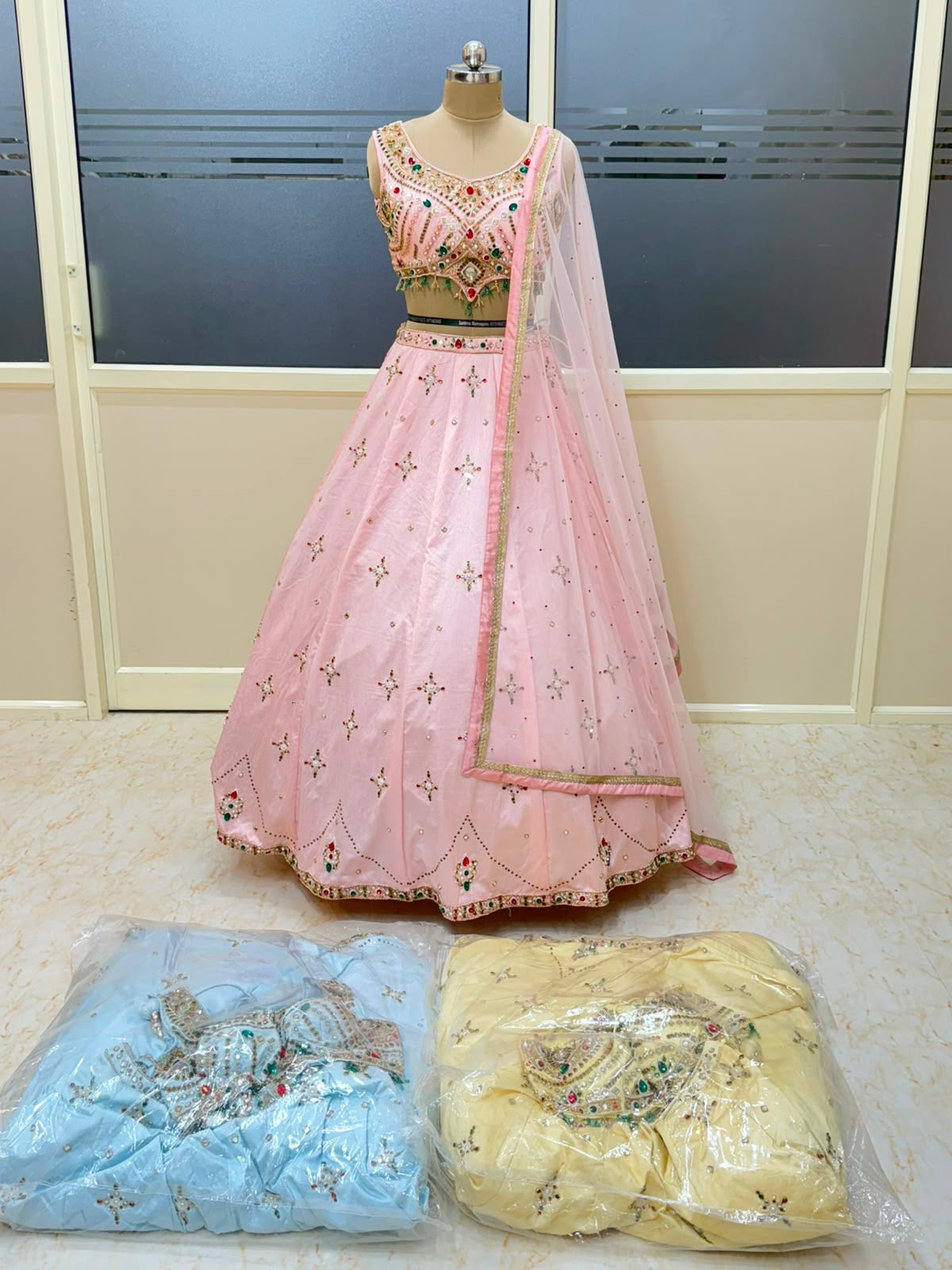 Baby pink blue yellow Crop top Lehenga
