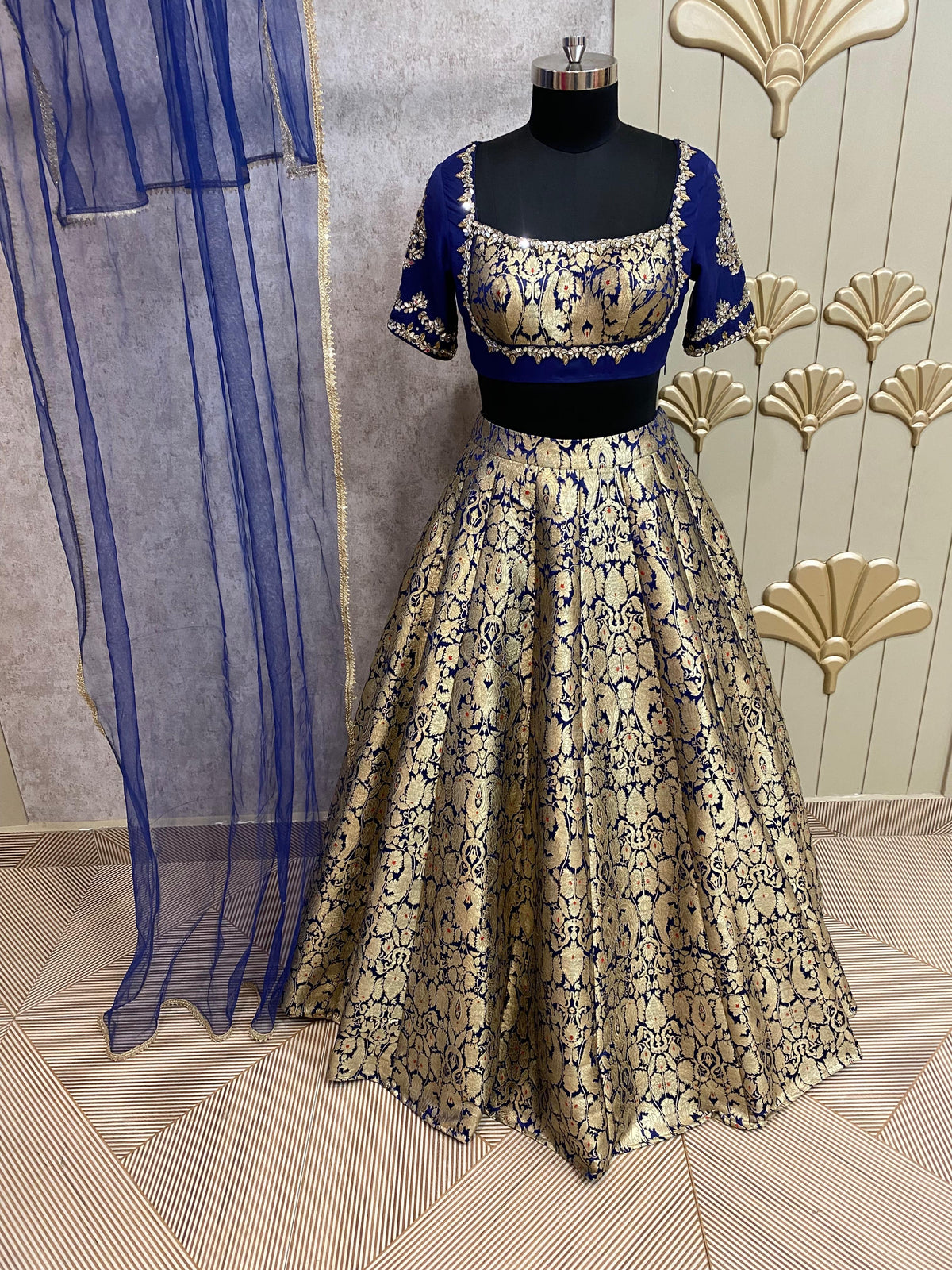 Golden blue crop top lehenga