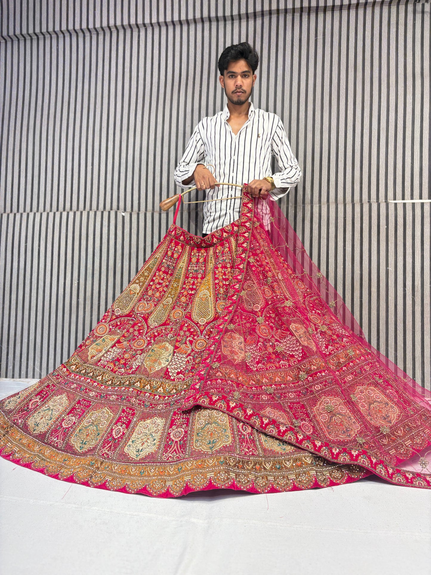 Pretty red rani pink peacock handwork bridal Lehenga