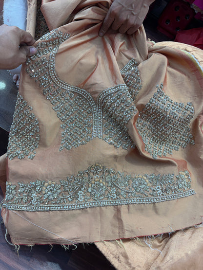 Amazing peach orange golden zardozi dabka handwork handmade bridal Lehenga