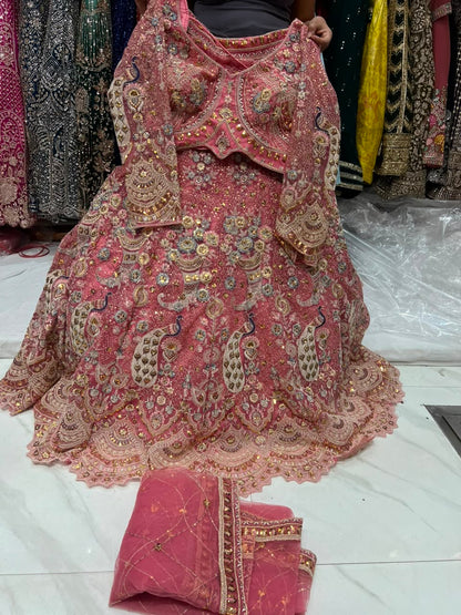 Onion Pink Peacock Crop Top Lehenga