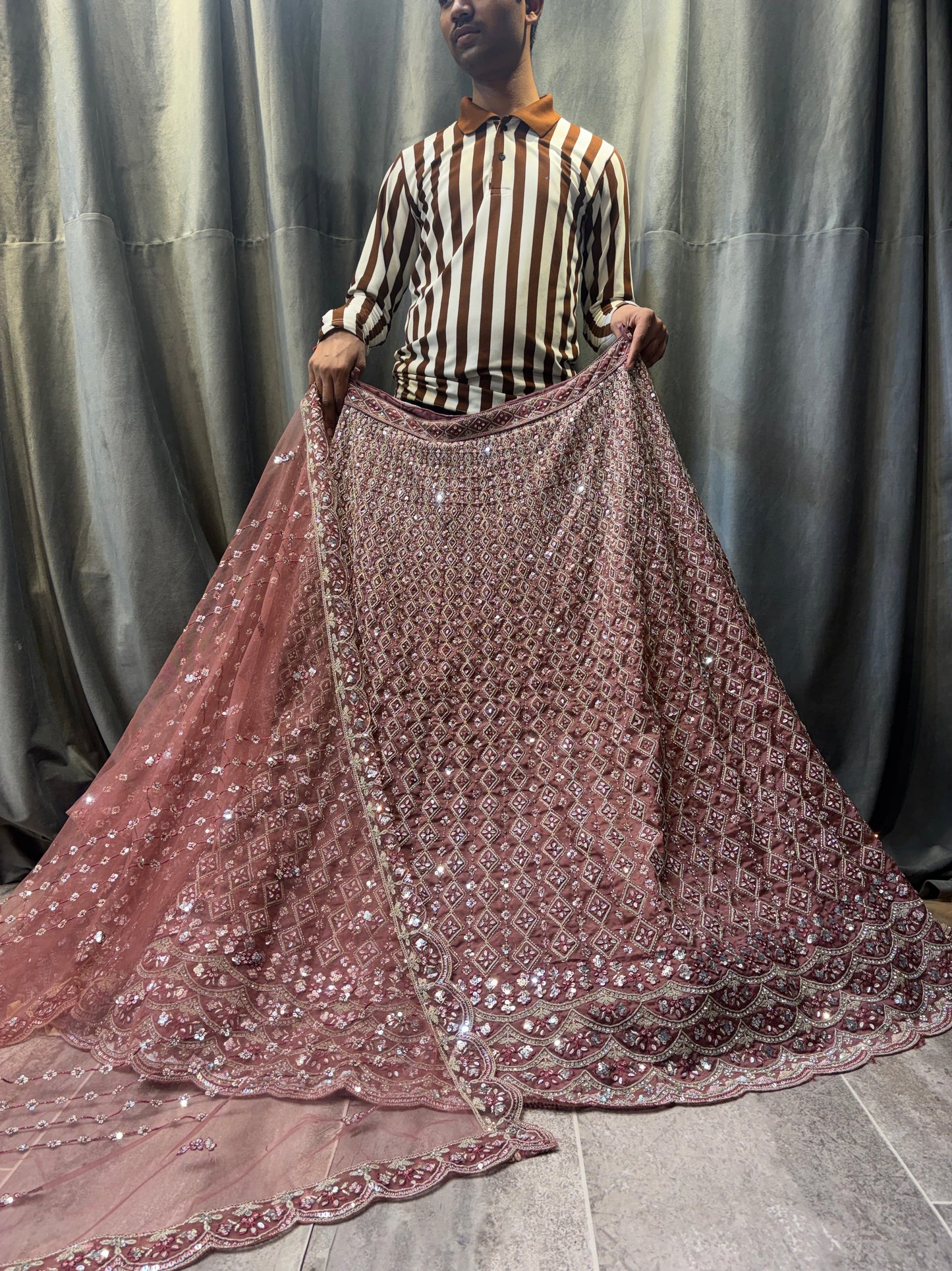 Embellished Brown peach Crop Top Lehenga