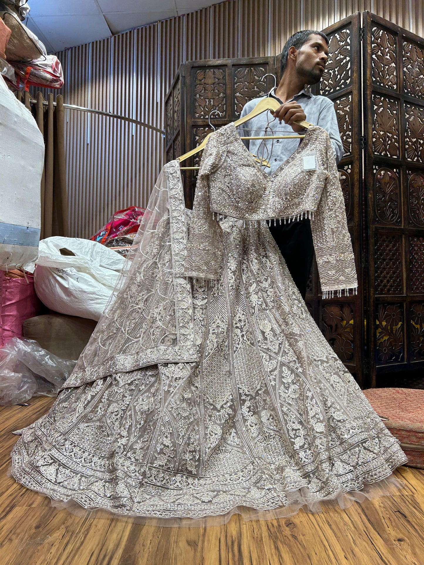 Lavishing silver grey crop top lehenga