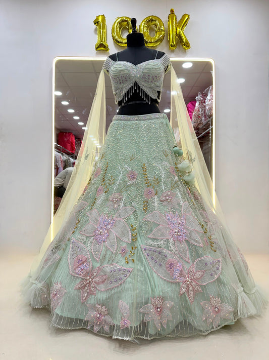 Pista Green pink Pdp Crop Top Lehenga