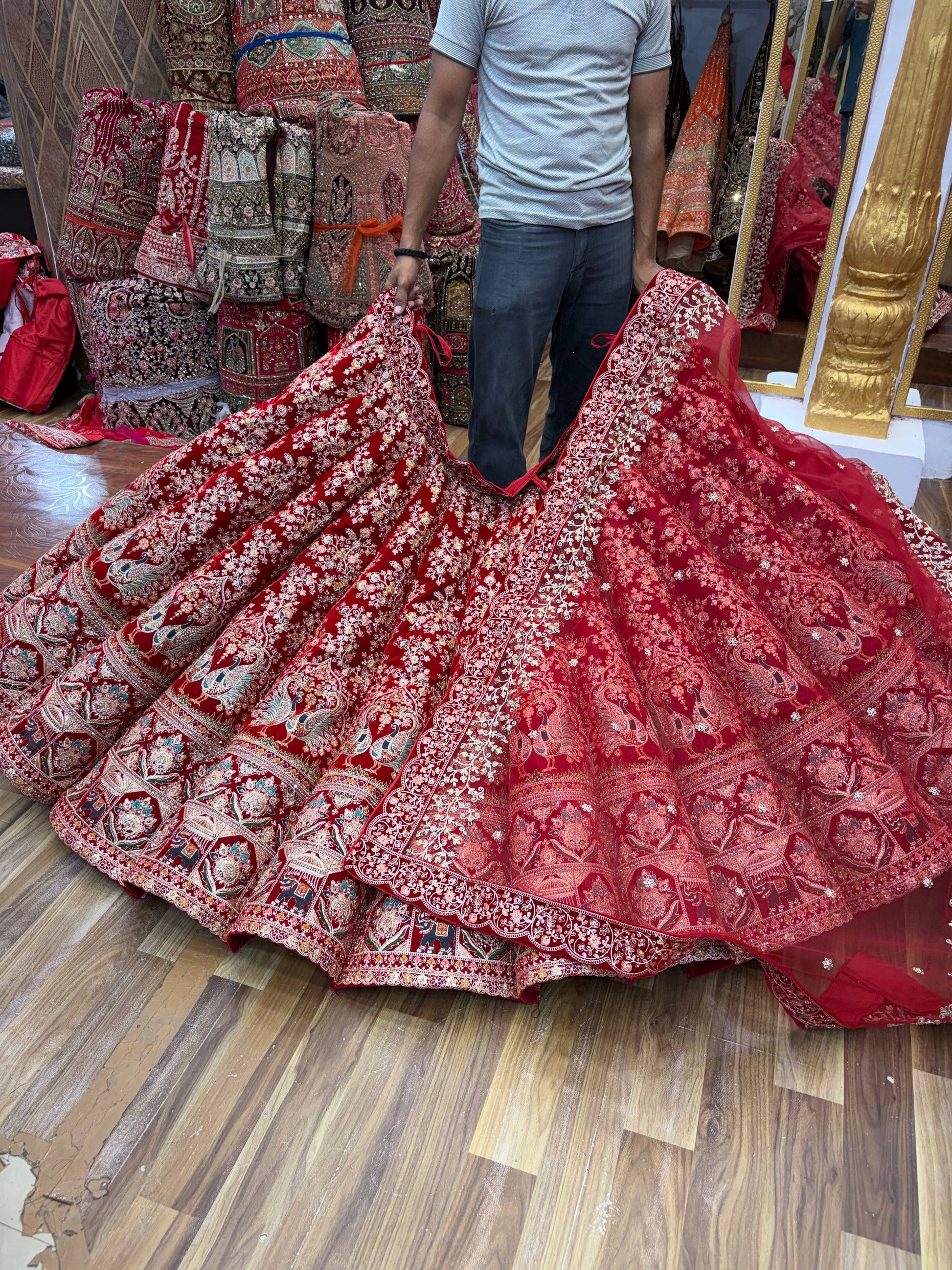 Cherry Red Peacock Ball Bridal Lehenga - Shopping World