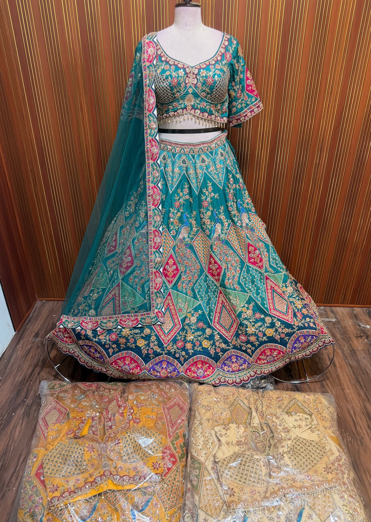 Yellow peach green crop top Lehenga
