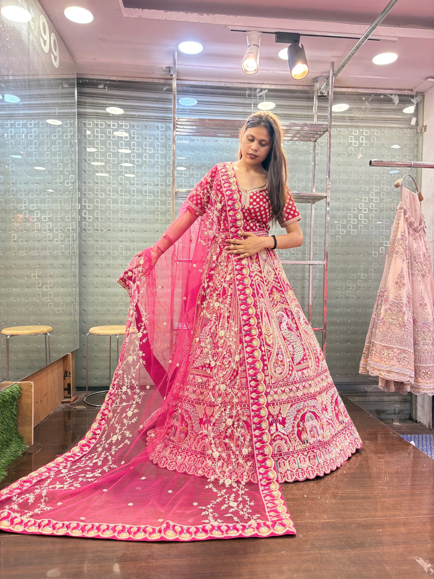 Glamorous red rani pink peacock bridal Lehenga