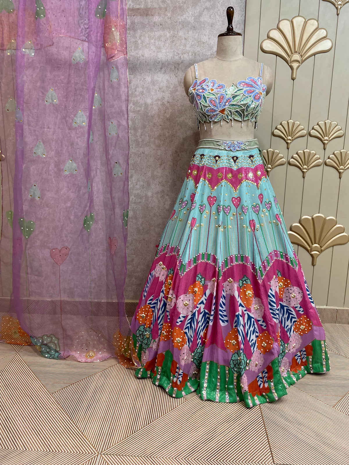 Blue pink crop top lehenga