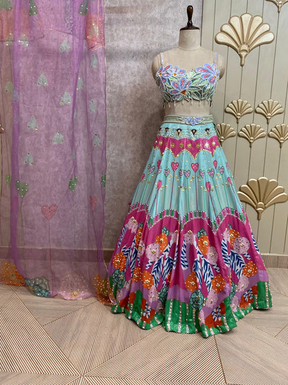Blue pink crop top lehenga