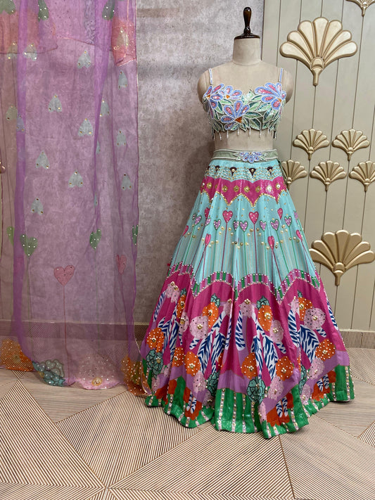 Blue pink crop top lehenga