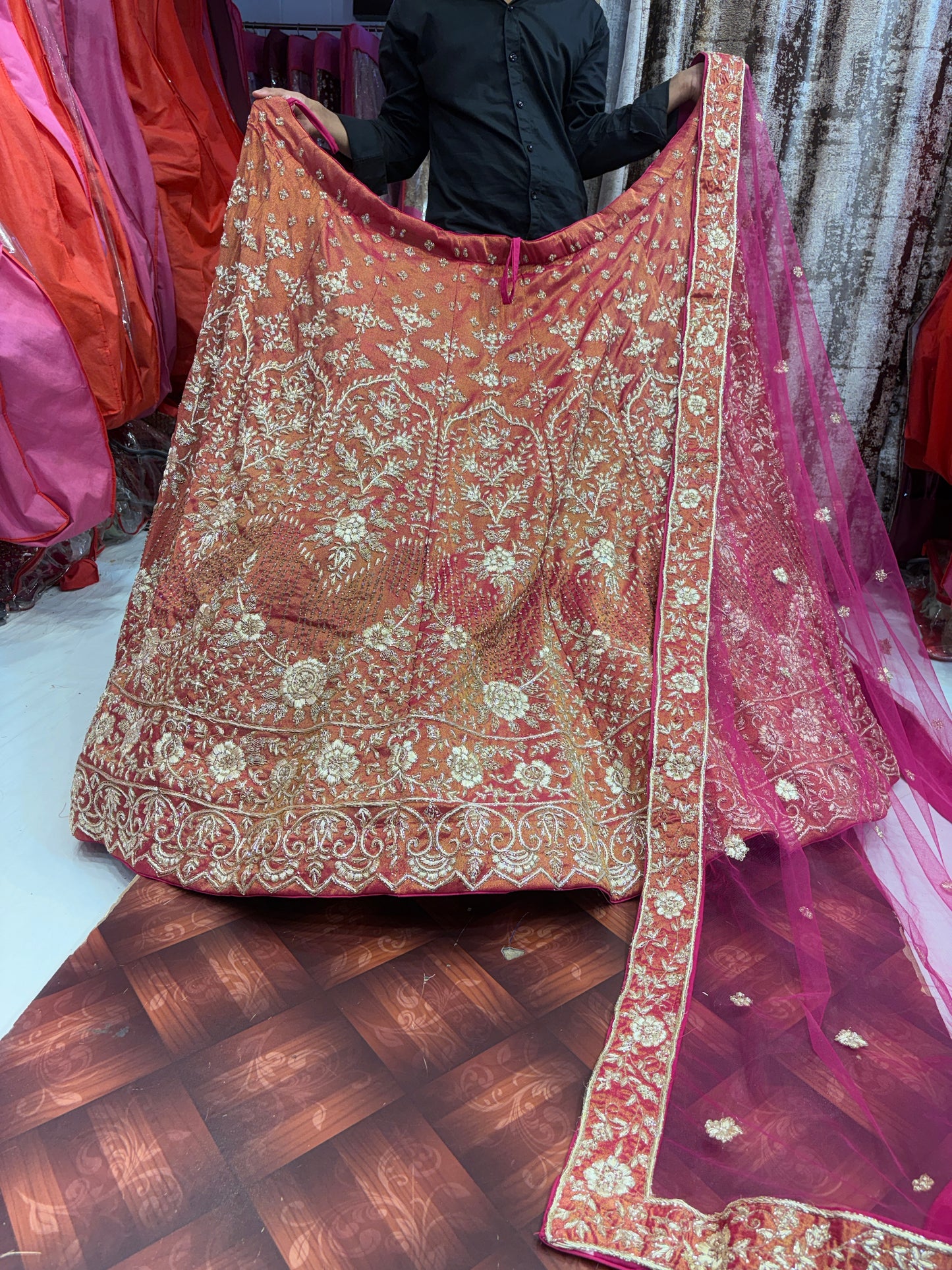 Delightful pink handwork zardozi dabka bridal Lehenga