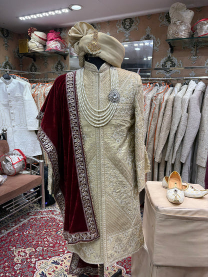 Ivory beige golden maroon sherwani