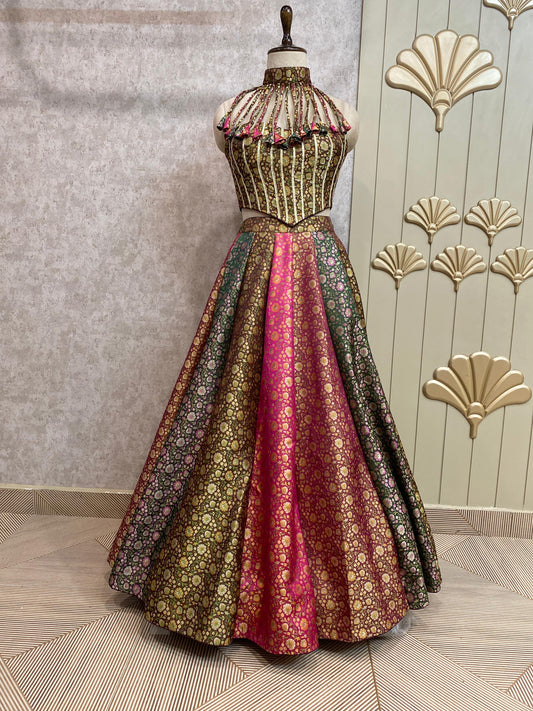Golden multi color crop top lehenga