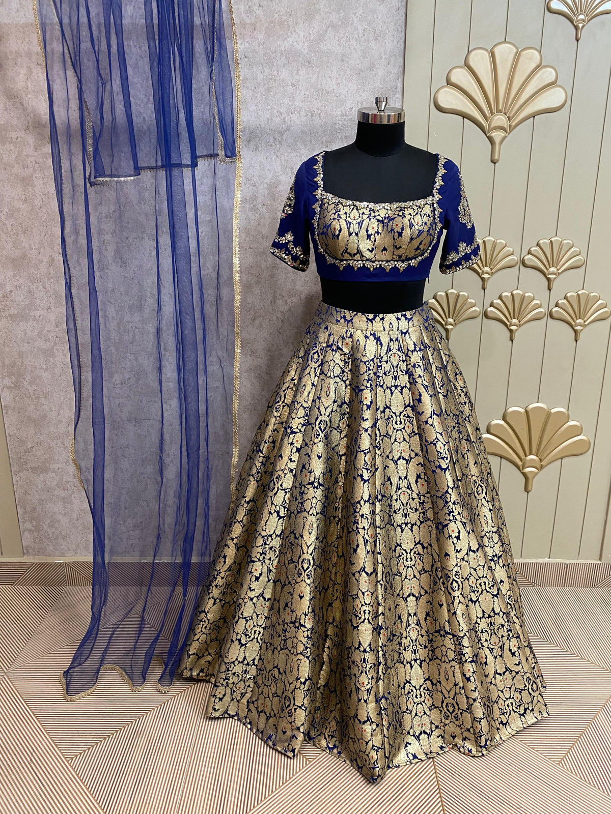 Golden blue crop top lehenga