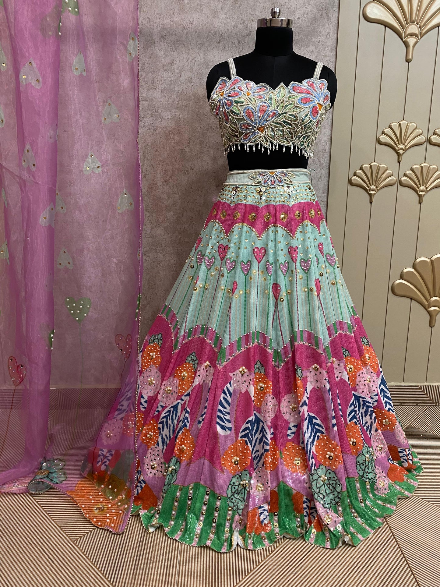 Pink green PDP crop top lehenga