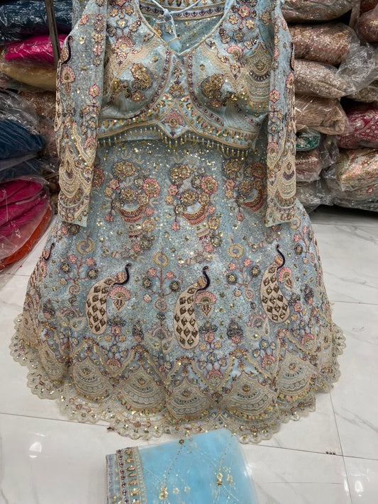 Sky Blue Peacock Crop Top Lehenga