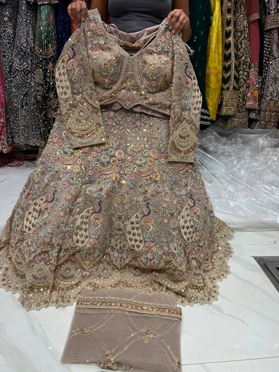 Onion Pink Peacock Crop Top Lehenga
