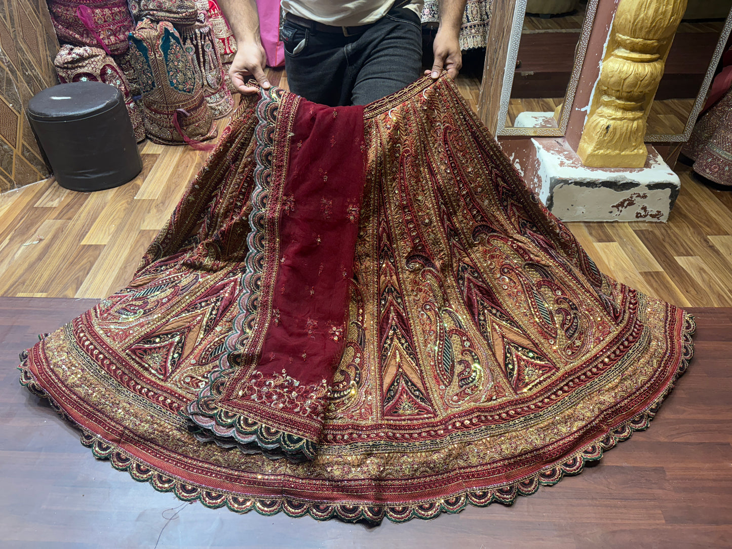Designer maroon double duptta multi Kali Bridal Lehenga