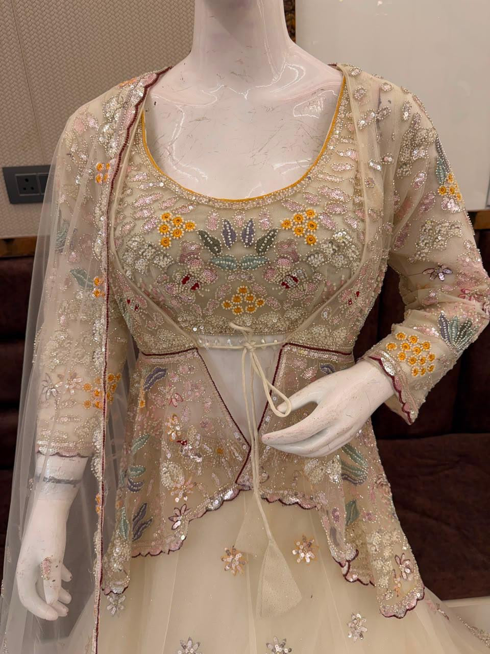 Golden pink green crop top Lehenga