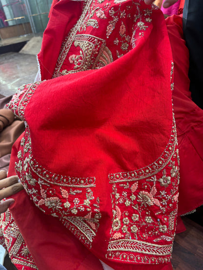 Attractive red zardozi dabka handwork handmade bridal Lehenga
