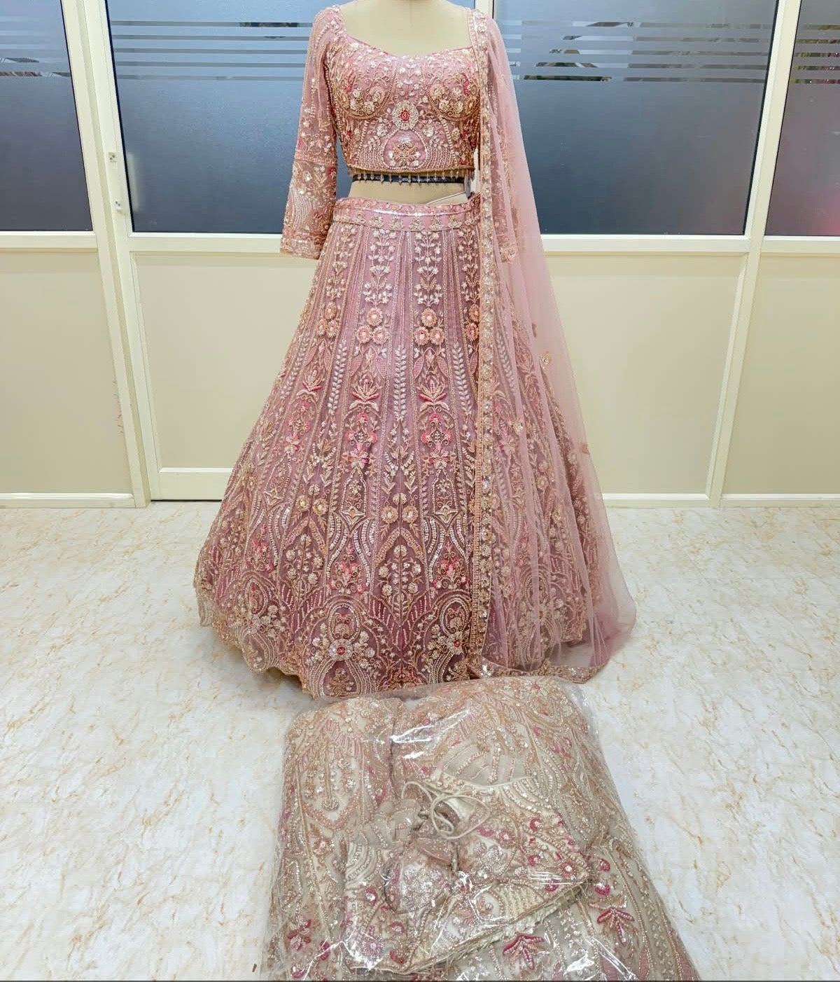 Golden pink crop top lehenga