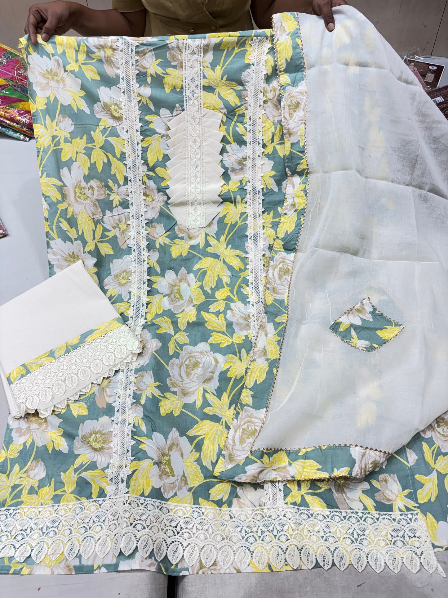 Majestic white green Unstitched suit ( free size )