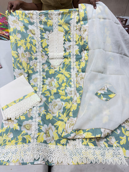 Majestic white green Unstitched suit ( free size )