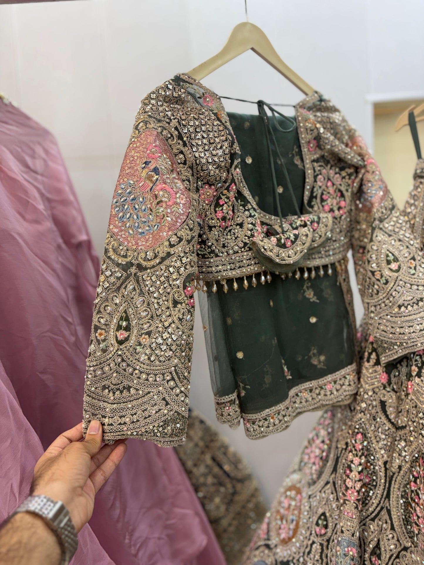 Fantastic beige peach circle peacock crop top Lehenga