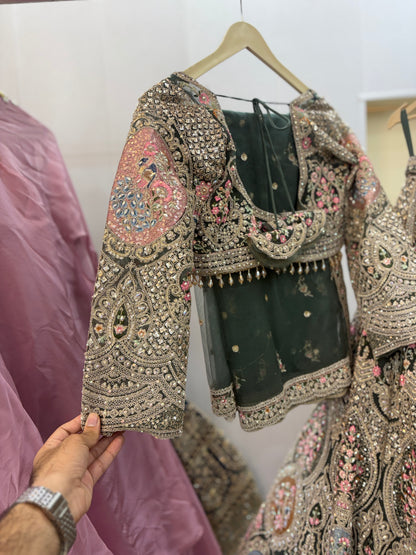 Fantastic beige peach circle peacock crop top Lehenga